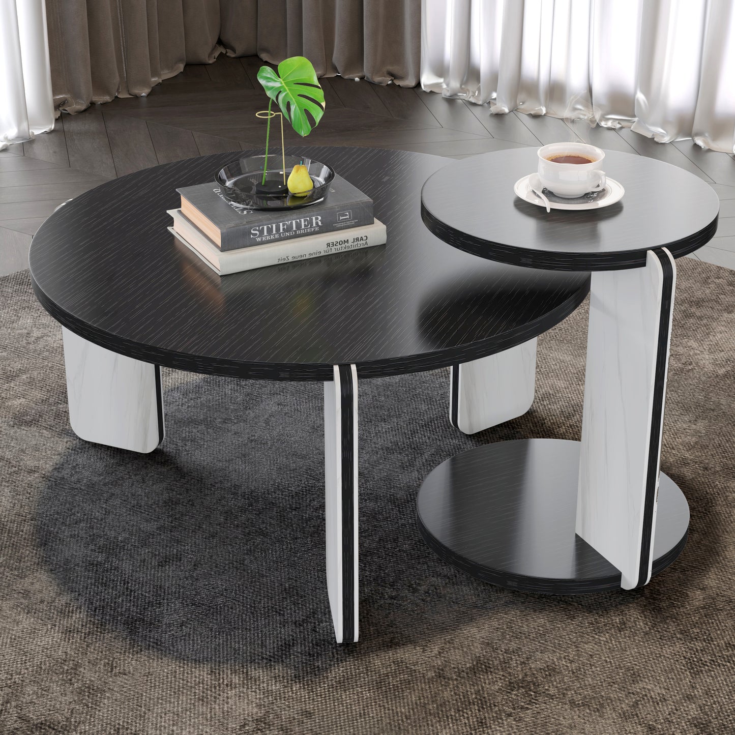 Round Coffee Table & End Table Set - Black Oak Veneer