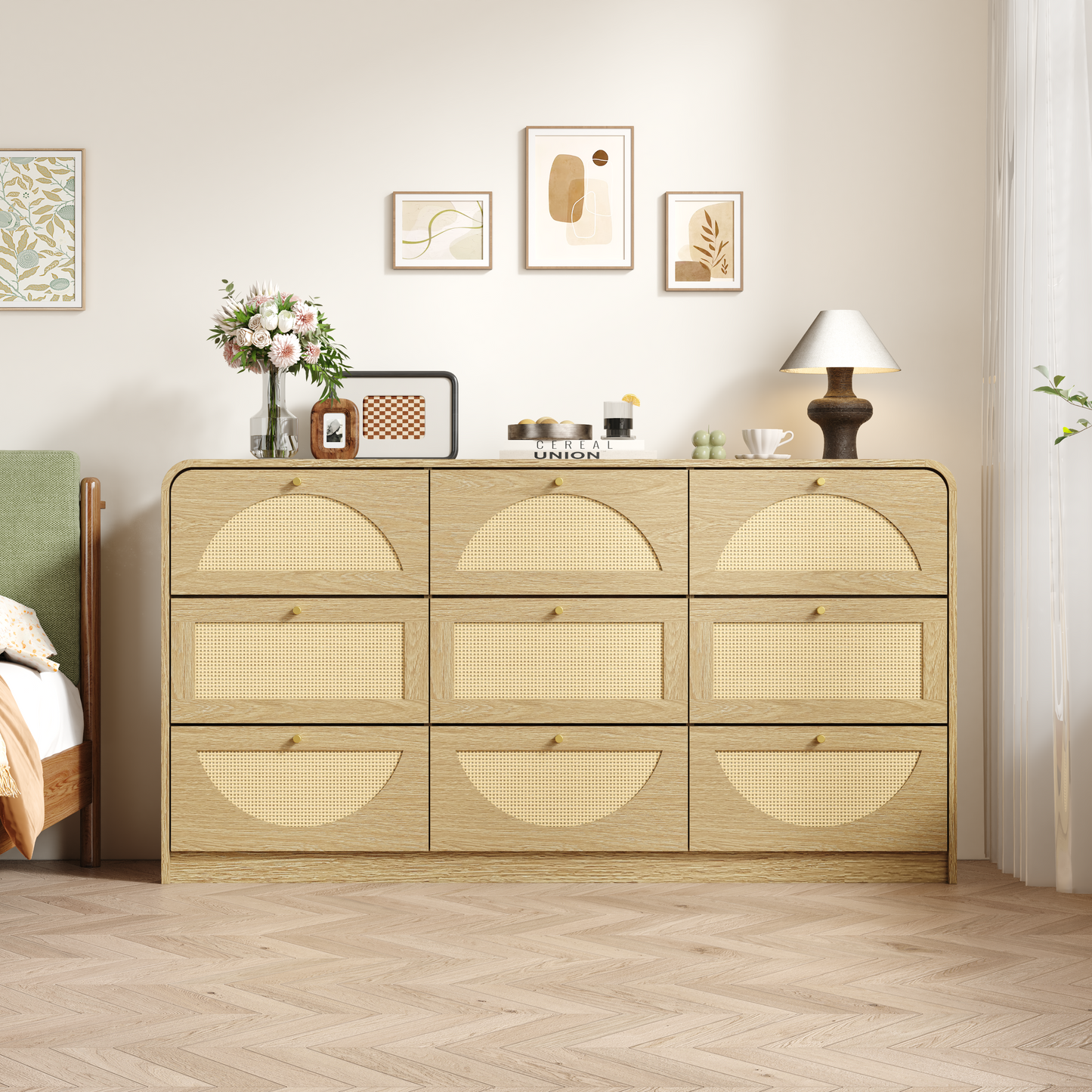 9-Drawer Rattan Dresser - Modern Walnut Storage Cabinet