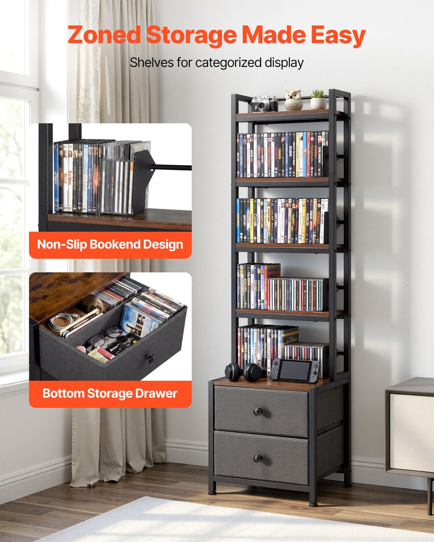 Media Storage Cabinet with 4 Shelves and Drawers - Black, 56.5 Inch Organizer for CDs, DVDs, Books, and Games