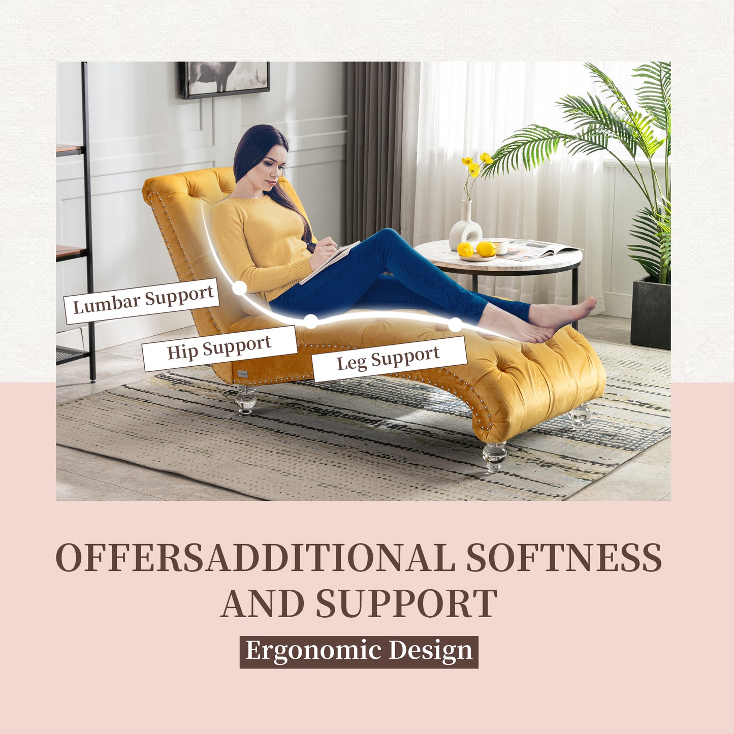 Mustard Velvet Chaise Lounge Chair - Button-Tufted Upholstered Design