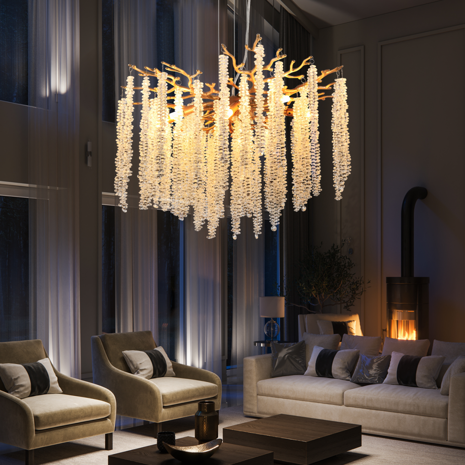 24-Inch Modern Golden Pendant Light with Cascading Crystal Strands for Living & Dining Rooms