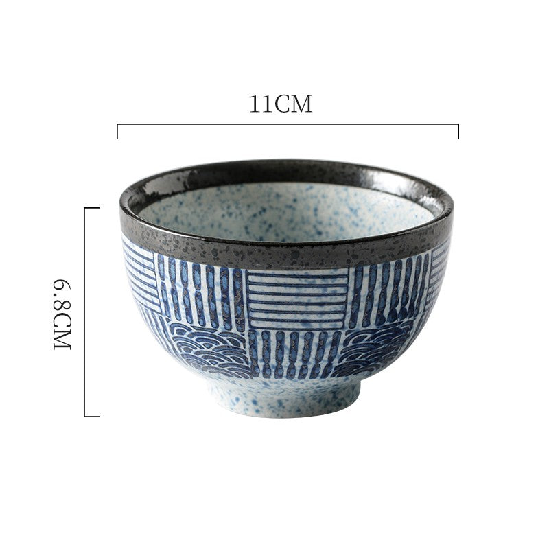 Cute Hand-Painted Porcelain Rice Bowl with Blue & White Sea Ripple Style