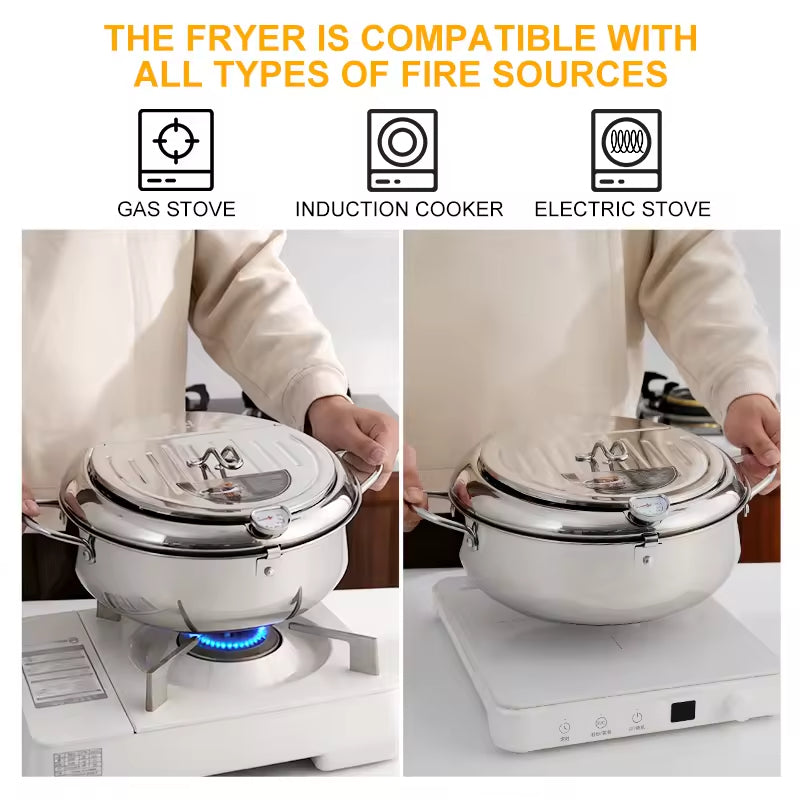 Japanese Style Tempura Deep Fryer - Stainless Steel with Thermometer