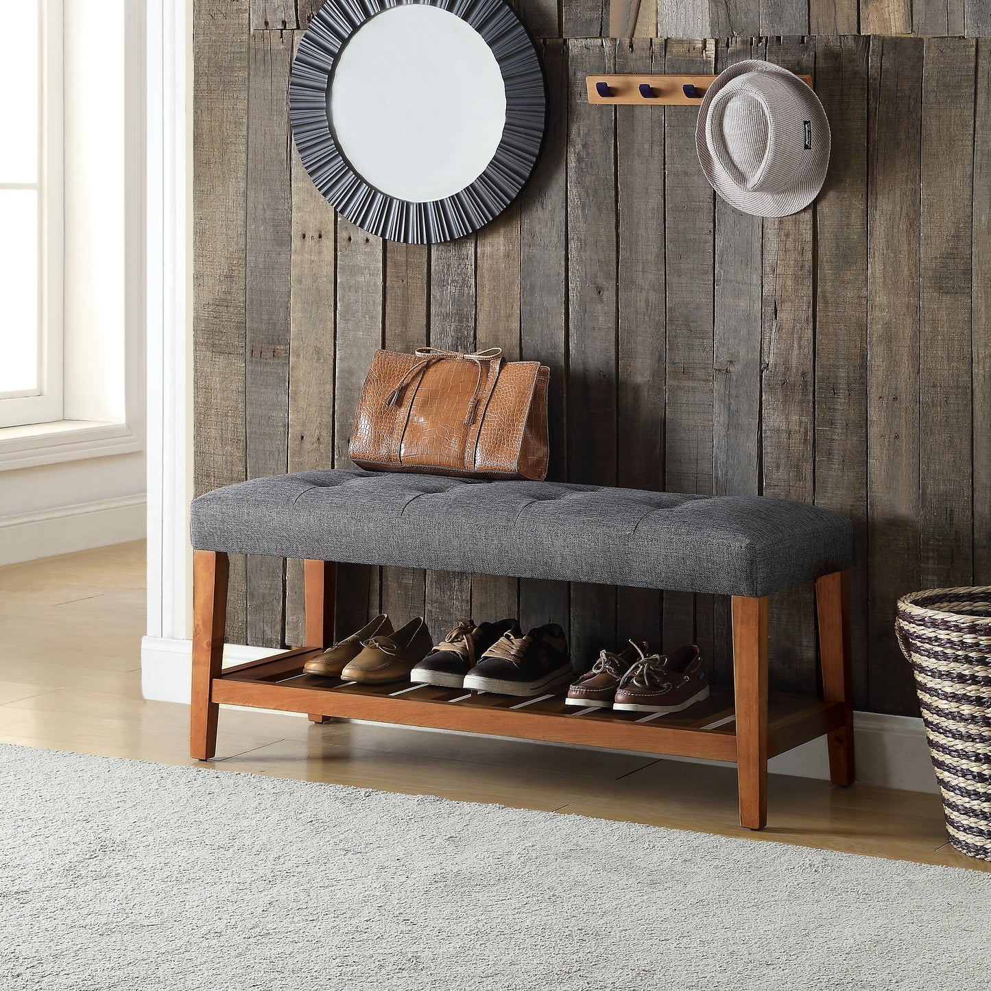Charla Gray Fabric Bench with Oak Finish - 40" Wide