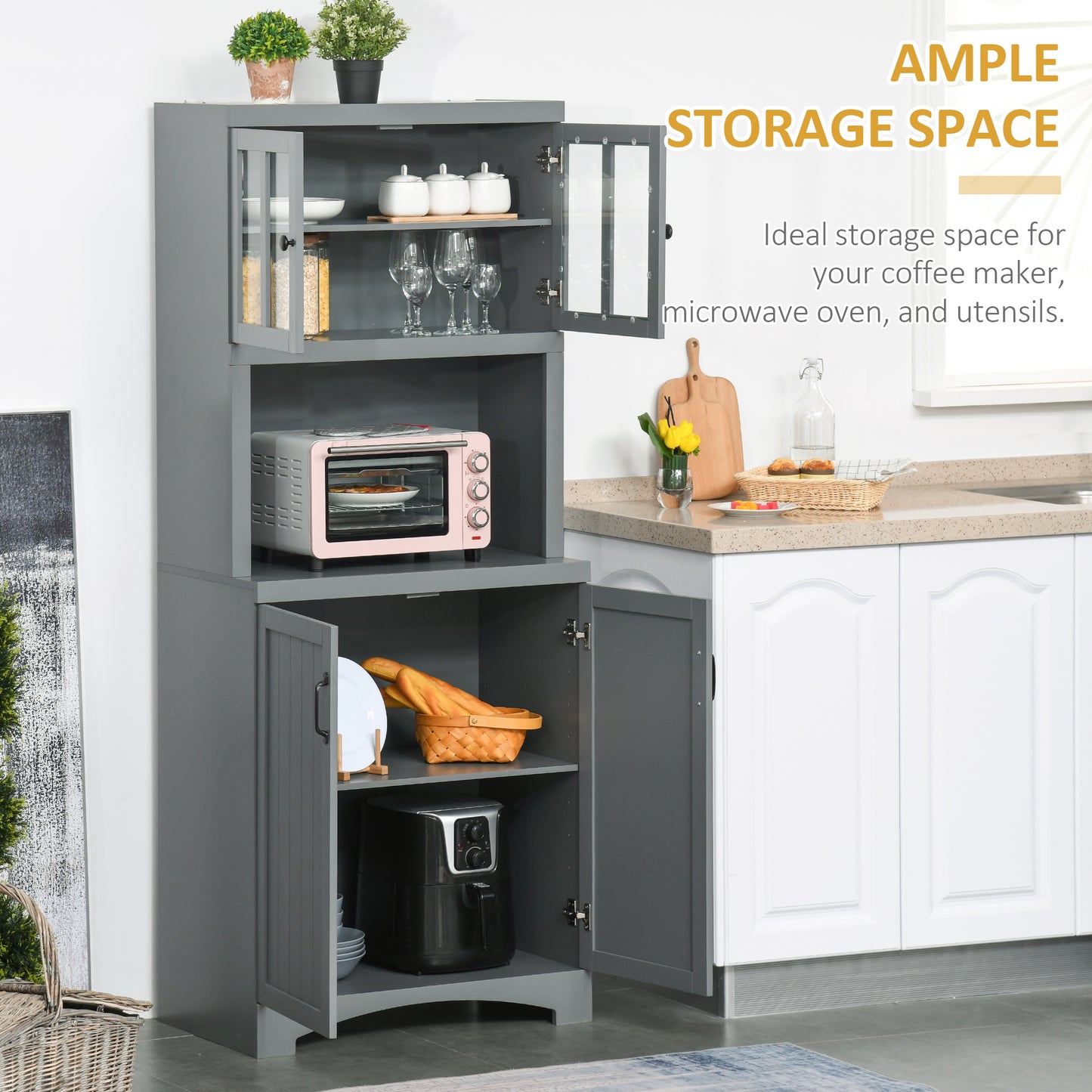 70" Kitchen Storage Cabinet with Adjustable Shelves & Microwave Space - Gray