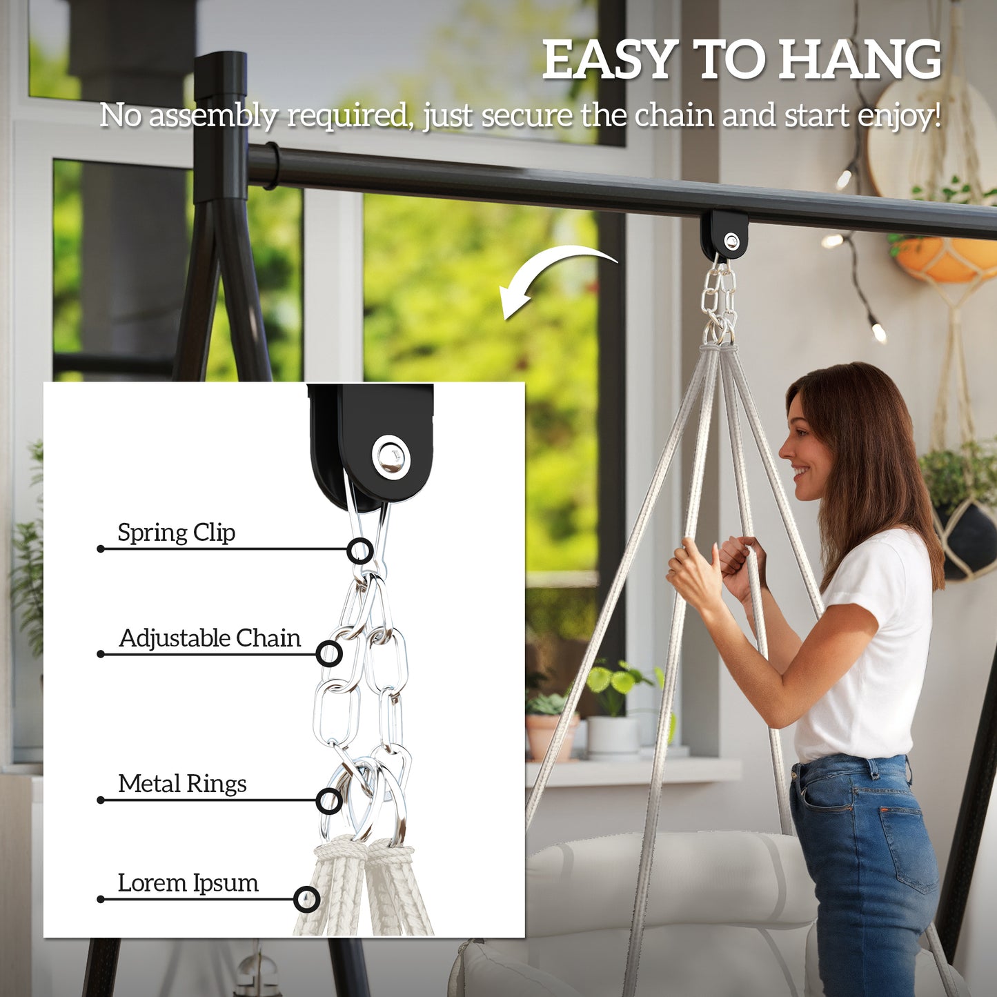 Macrame Hanging Hammock Chair with Large Cushion - Cream White