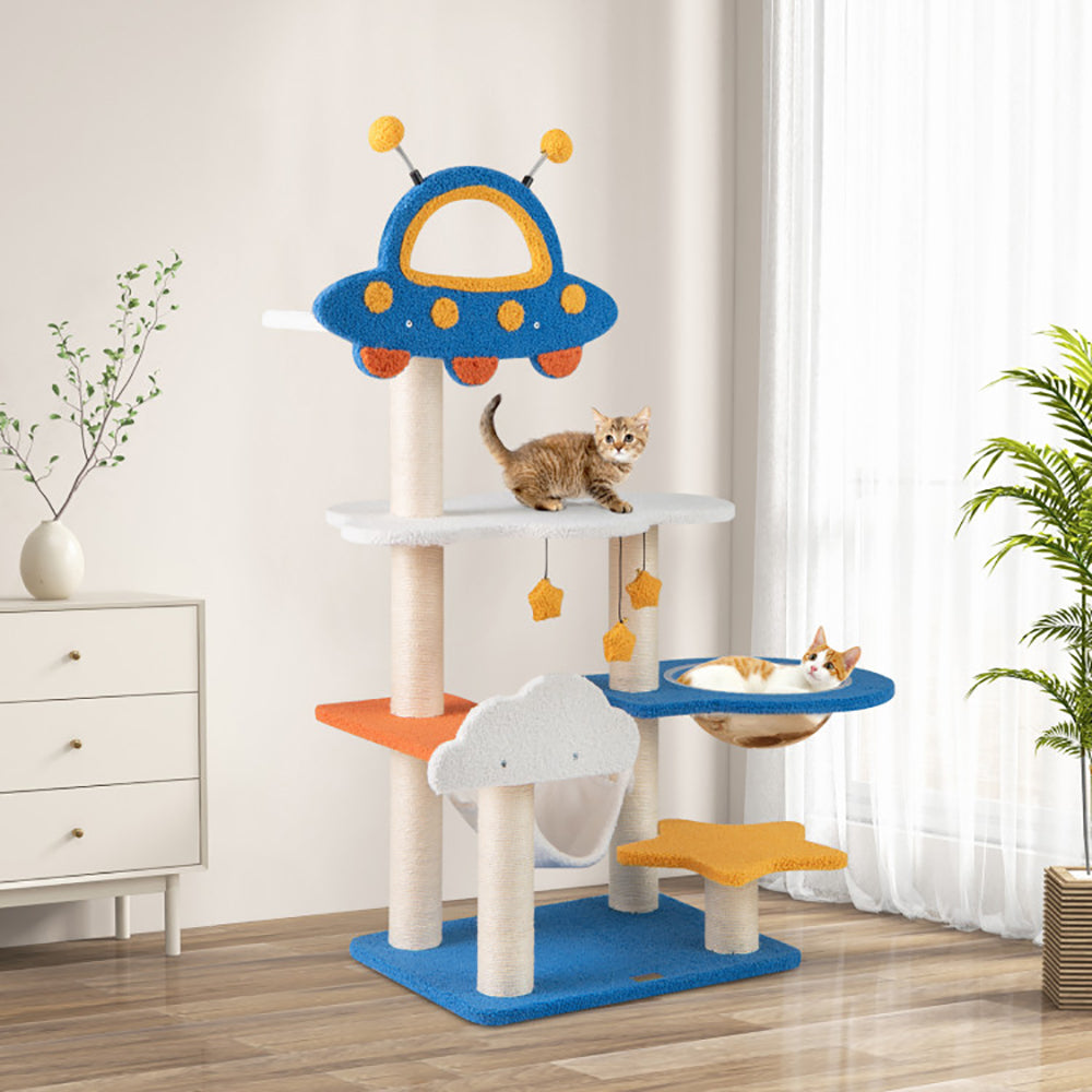 Tall Cat Tree with UFO Top Perch, Space Capsule & Sisal Posts - Blue