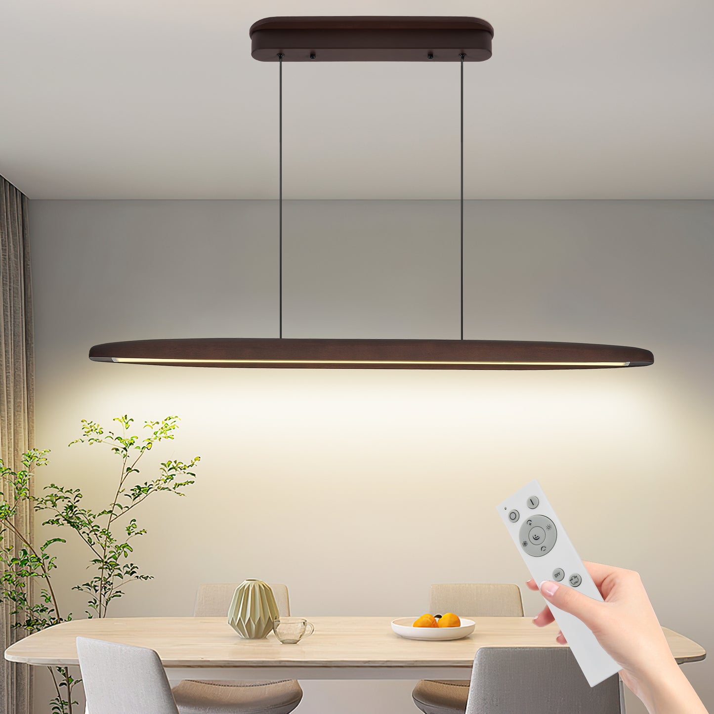 39 Inch Wooden LED Pendant Light with Remote Control - Walnut Finish