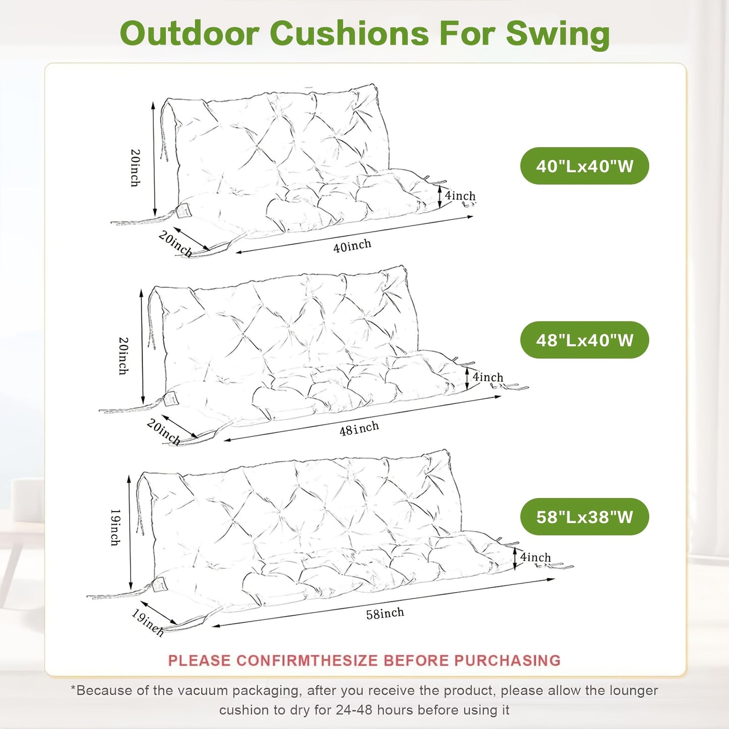 Outdoor Swing Cushions 2-3 Seater Waterproof Bench Pad with Anti-Slip Straps - Multiple Colors