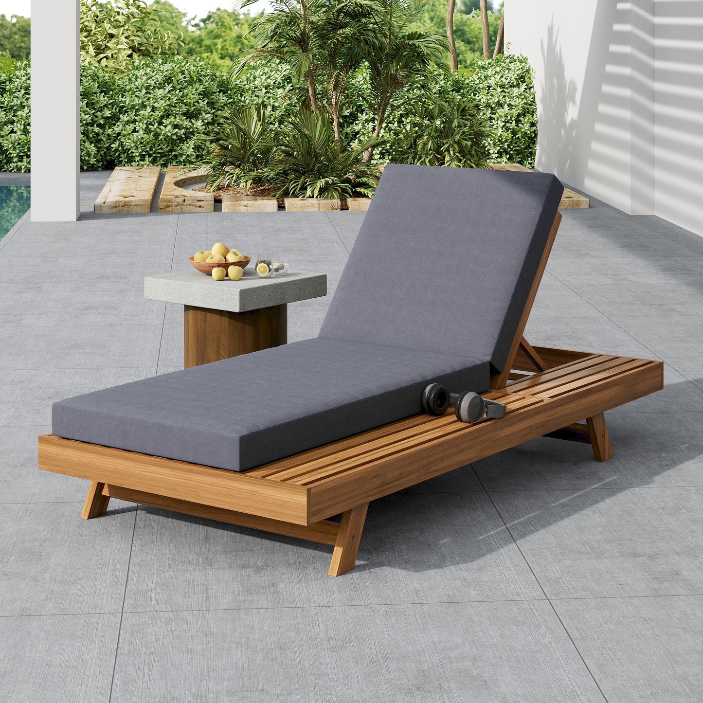 Acacia Wood Lounge Chaise Set with Water-Resistant Cushions - Dark Grey