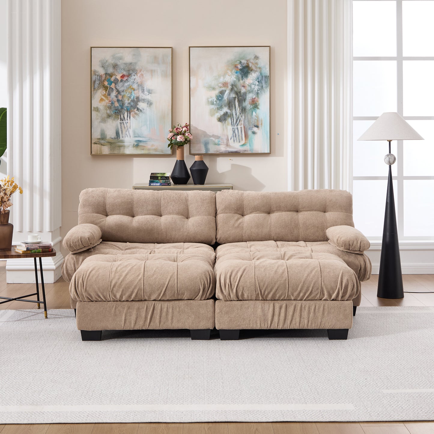 U Shaped Modular Sectional Sofa with Ottoman - Light Brown