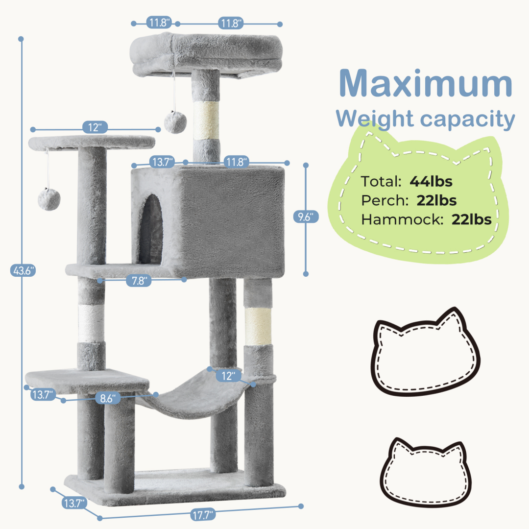44-Inch Multi-Level Cat Tree Tower with Scratching Posts, Platforms & Hammock