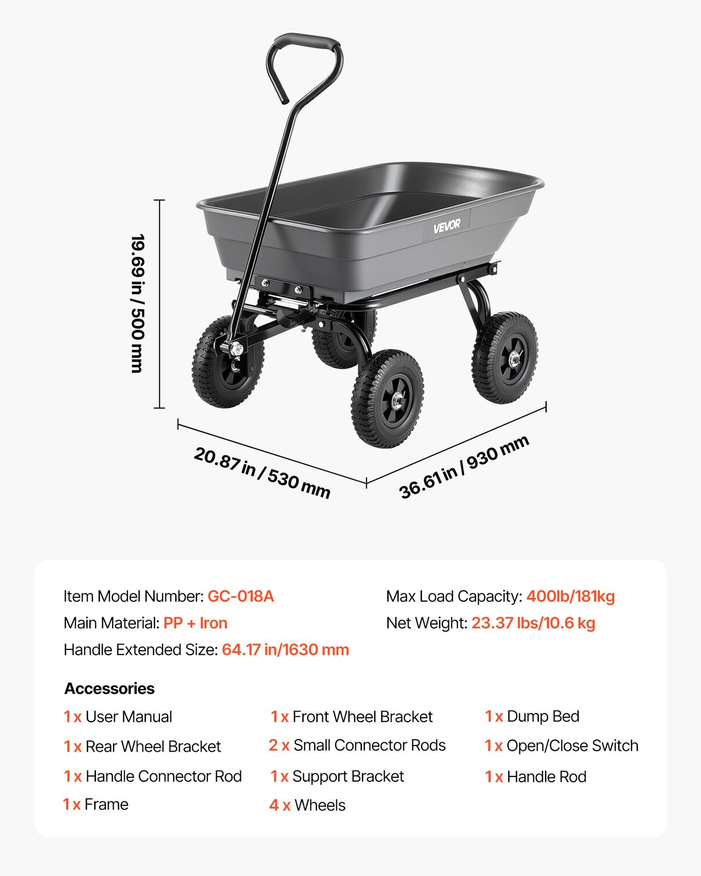 Garden Dump Cart 400 Lb Poly Yard Wagon with Quick-Dump & Swivel Wheels