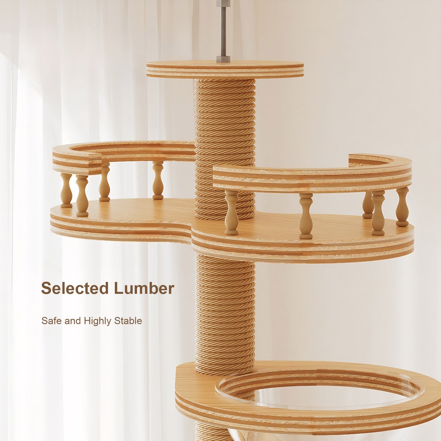 Adjustable Floor-to-Ceiling Cat Tree Tower with Sisal Post & Toys, Natural Finish