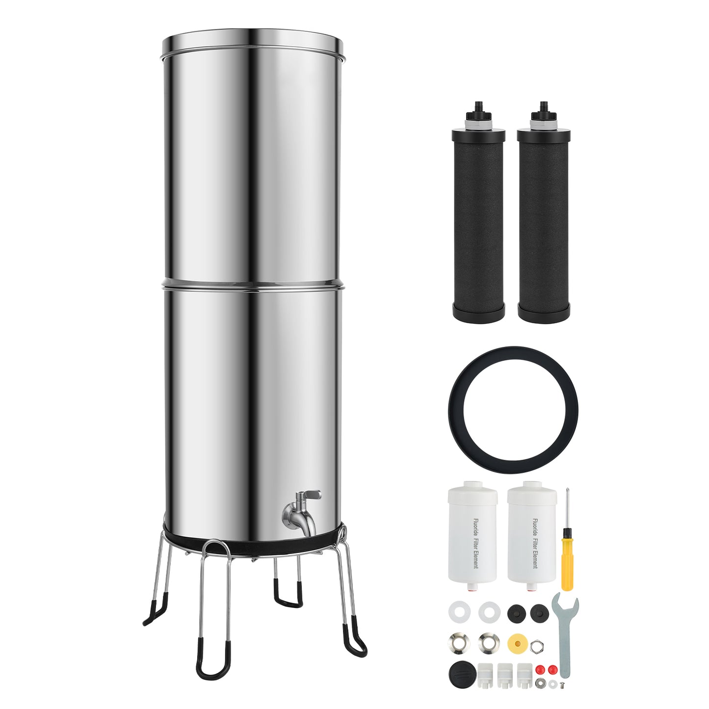 Gravity-Fed Countertop Water Filter System 3.25G Stainless Steel with 2 Carbon & 2 Defluorination Filters