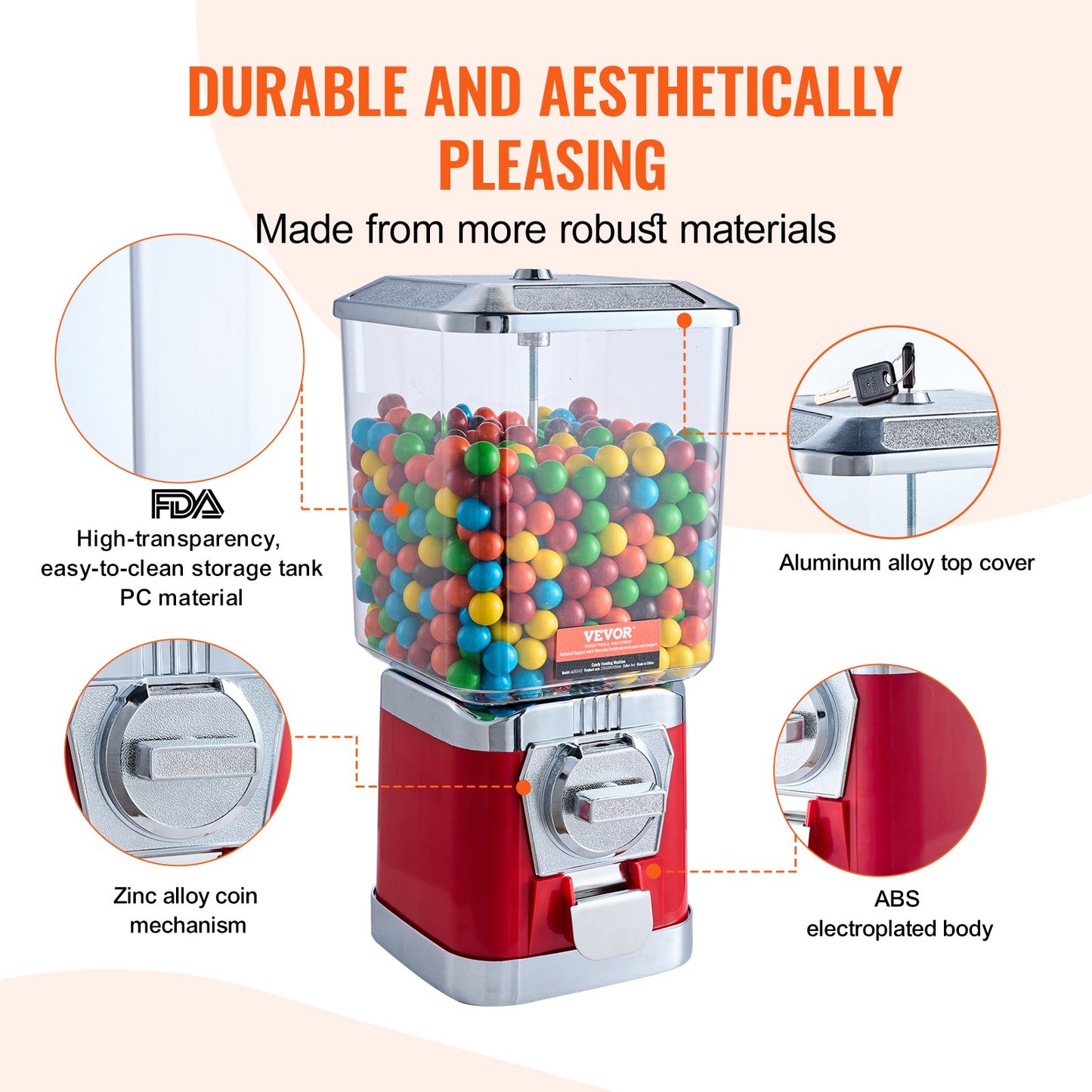 Gumball Machine Candy Dispenser - 6.8L Capacity, Red