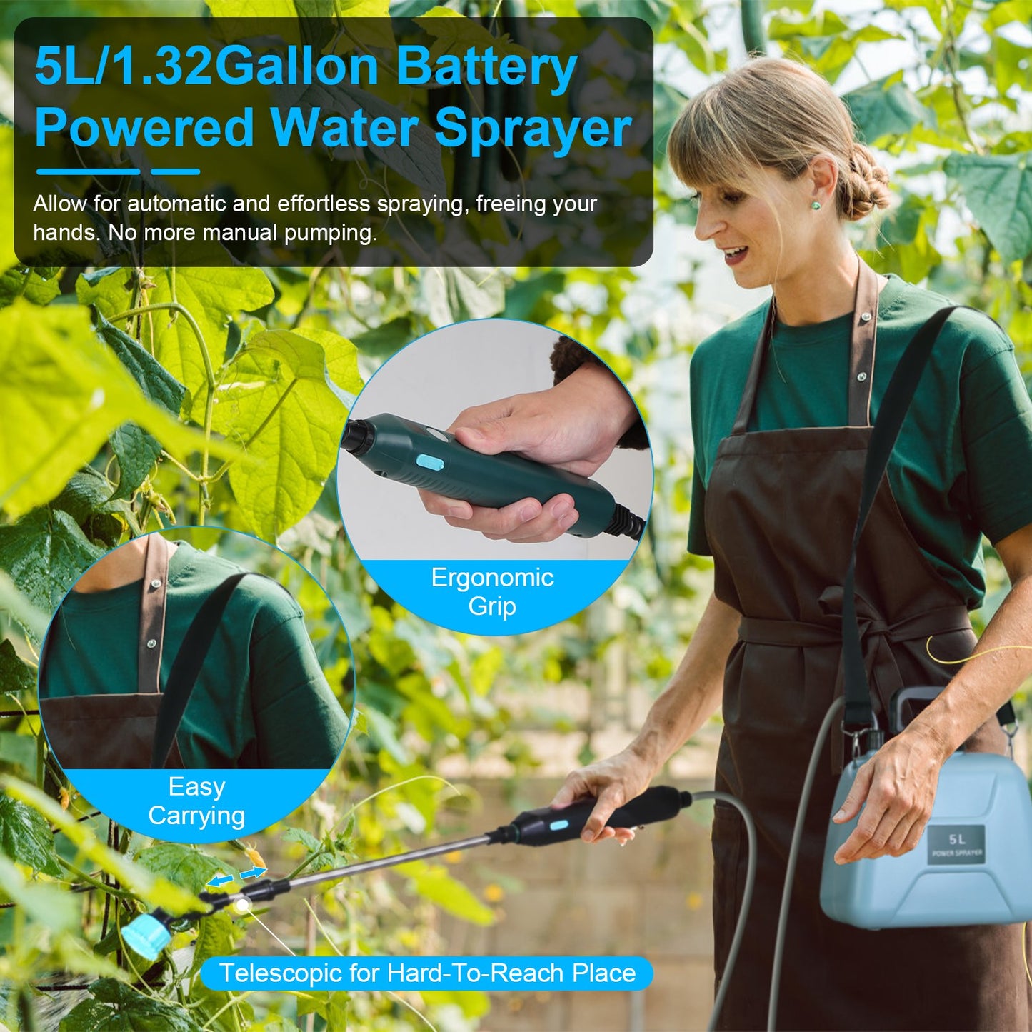 Portable 5L Battery Water Sprayer Garden Tool with 3 Nozzles & Telescopic Wand