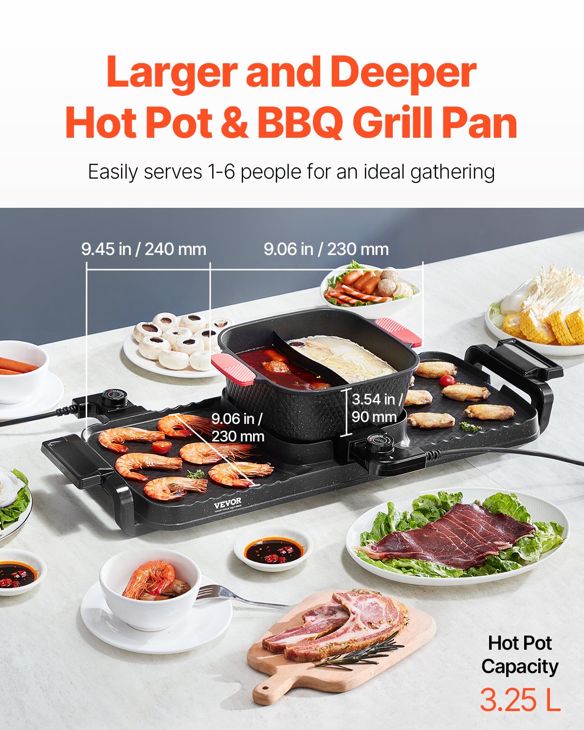 2300W Electric Hot Pot with Grill 2-in-1 Smokeless Cooking Pan - Black