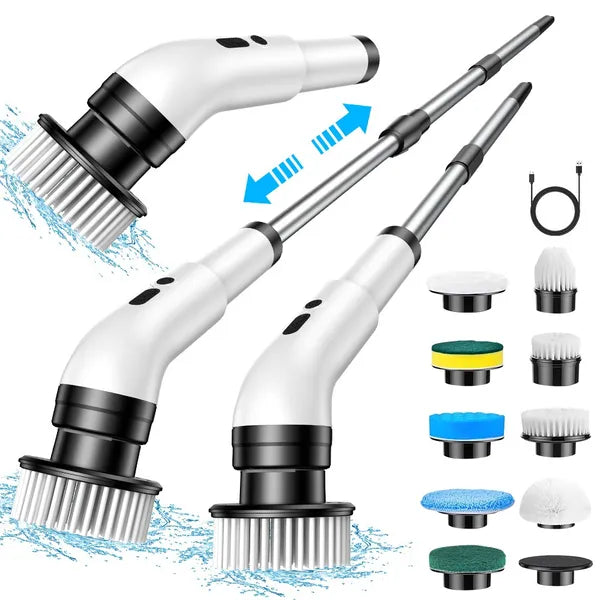 Electric Cleaning Brush with 9 Replaceable Heads & Extendable Rod