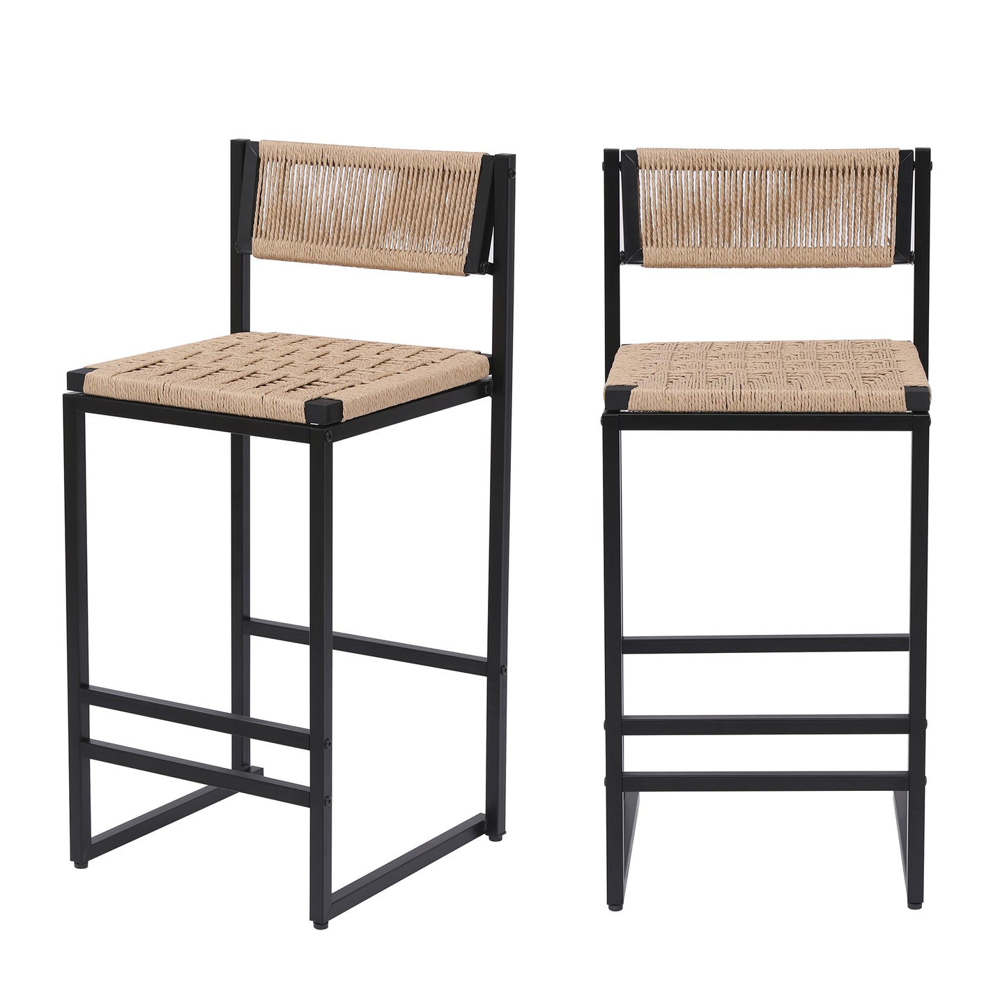 Set of 2 Kitchen Bar Stools with Footrest - Paper Rope Weave, Honey