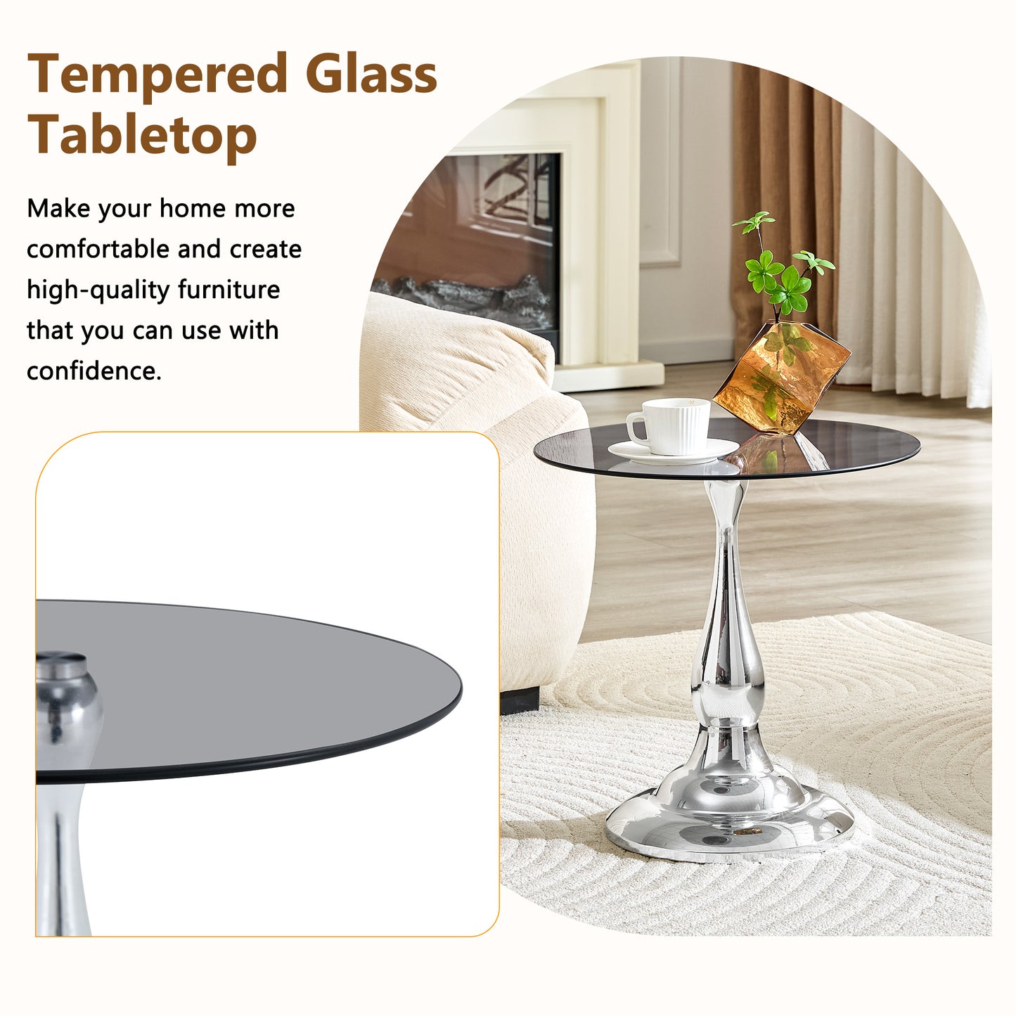Modern Silver Round Side Table with Glass Top - 19.6"