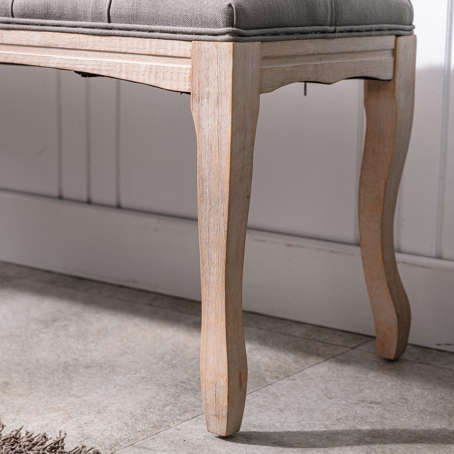 French Vintage Upholstered Bench - Grey Linen, 43.3"