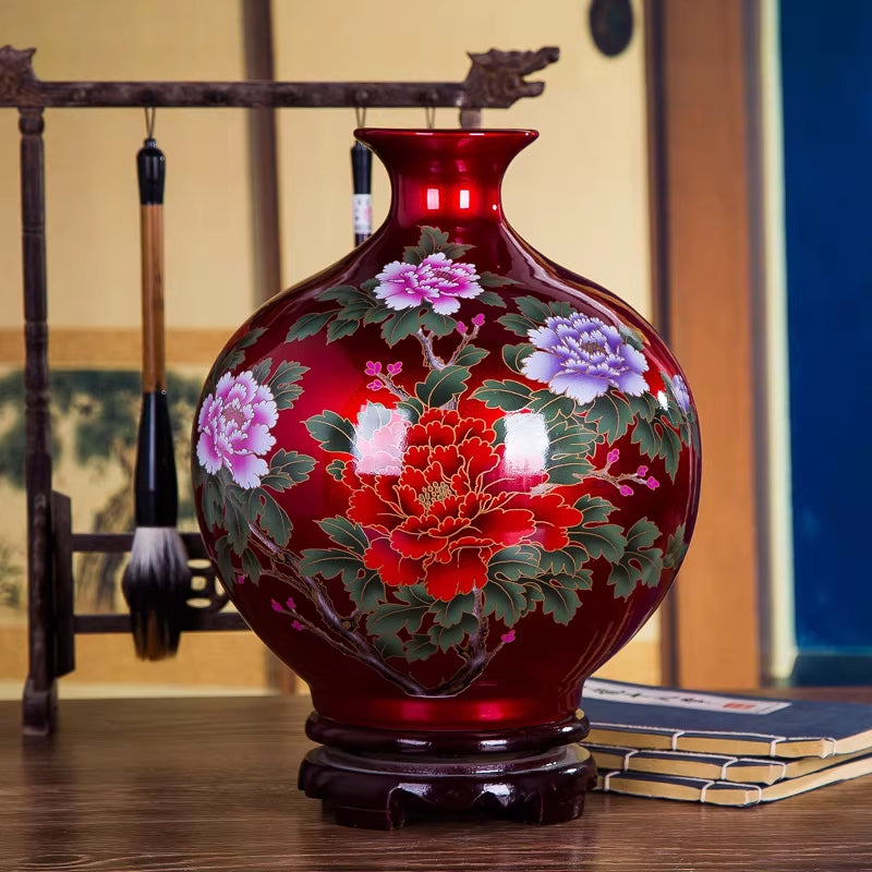 Ceramic Flowering Prosperity Peony Vase for Living Room Home Decor