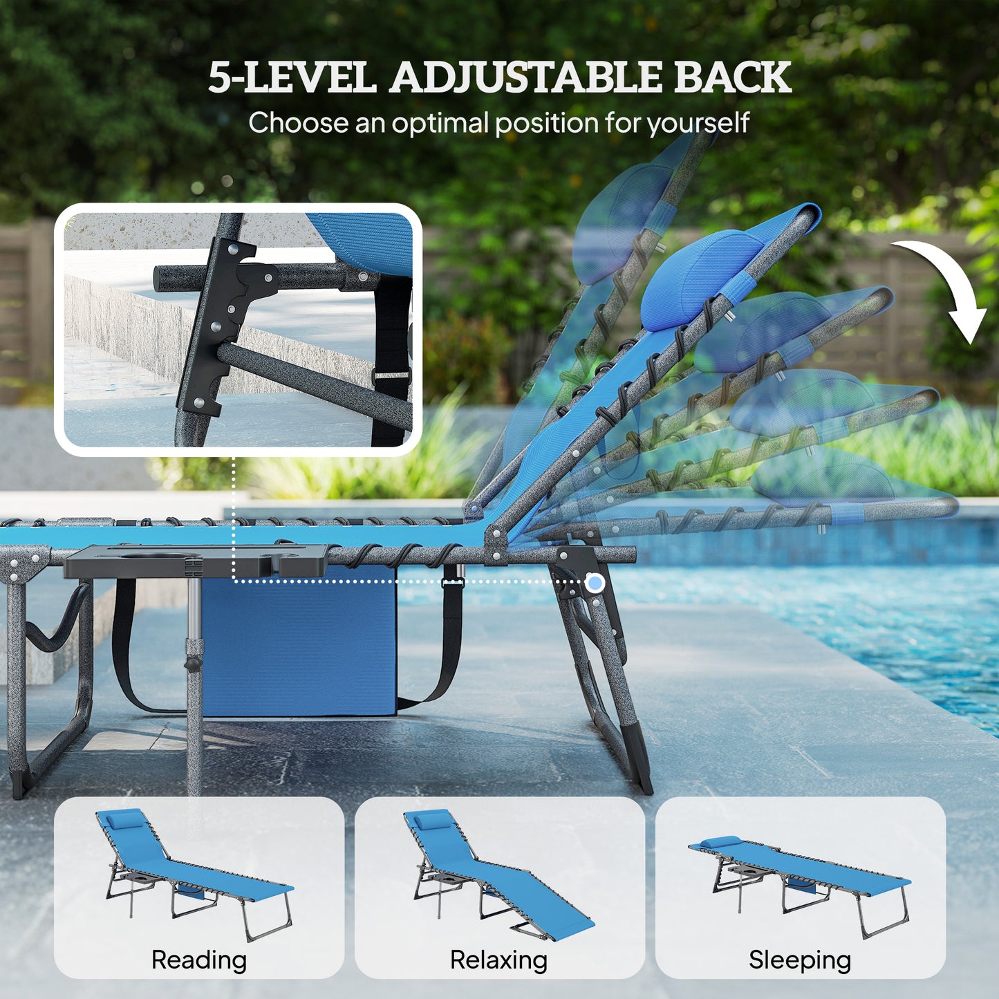 Folding Outdoor Chaise Lounge Chair with Adjustable Back, Blue