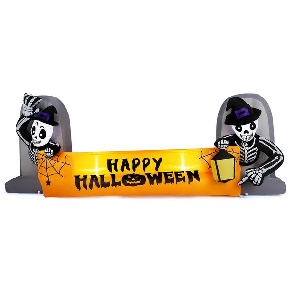 9.6FT Inflatable Skeleton Tombstone Banner with LED Lights
