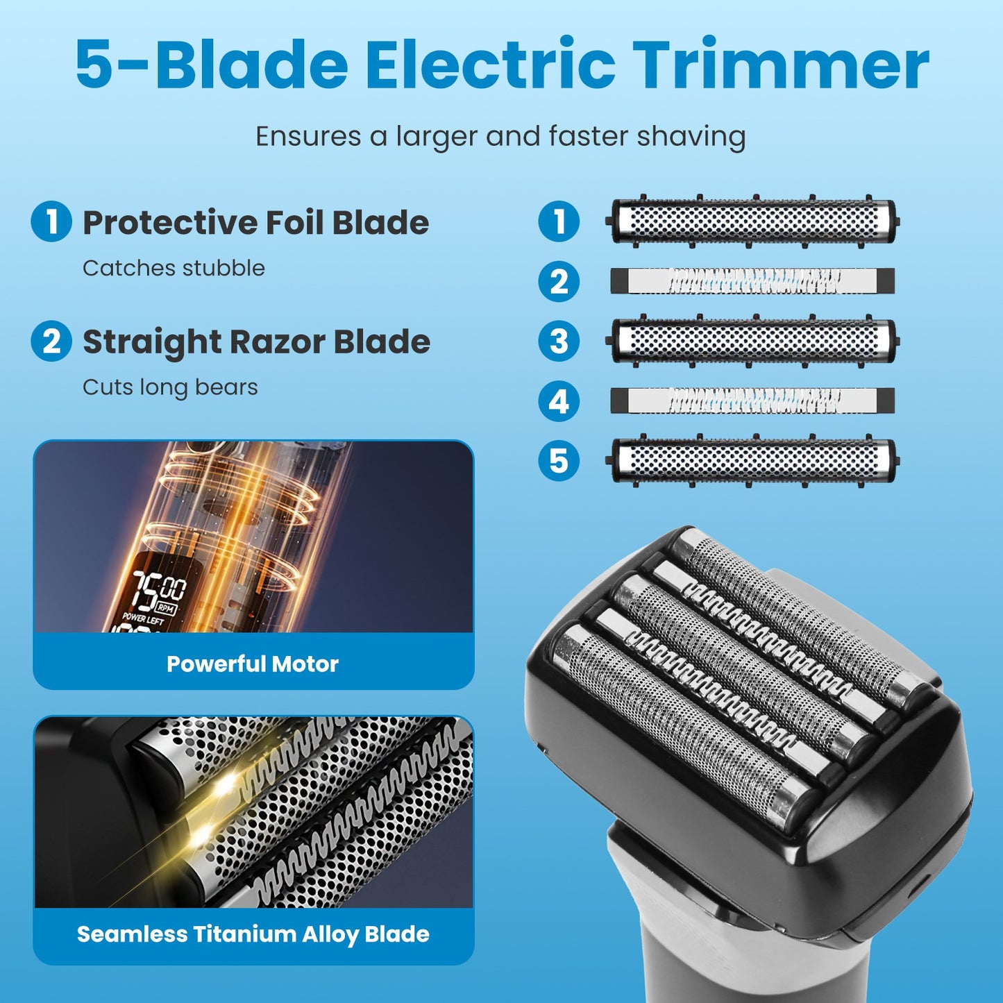 5-Blade Electric Foil Shaver for Men - Wet & Dry Beard Trimmer - Black