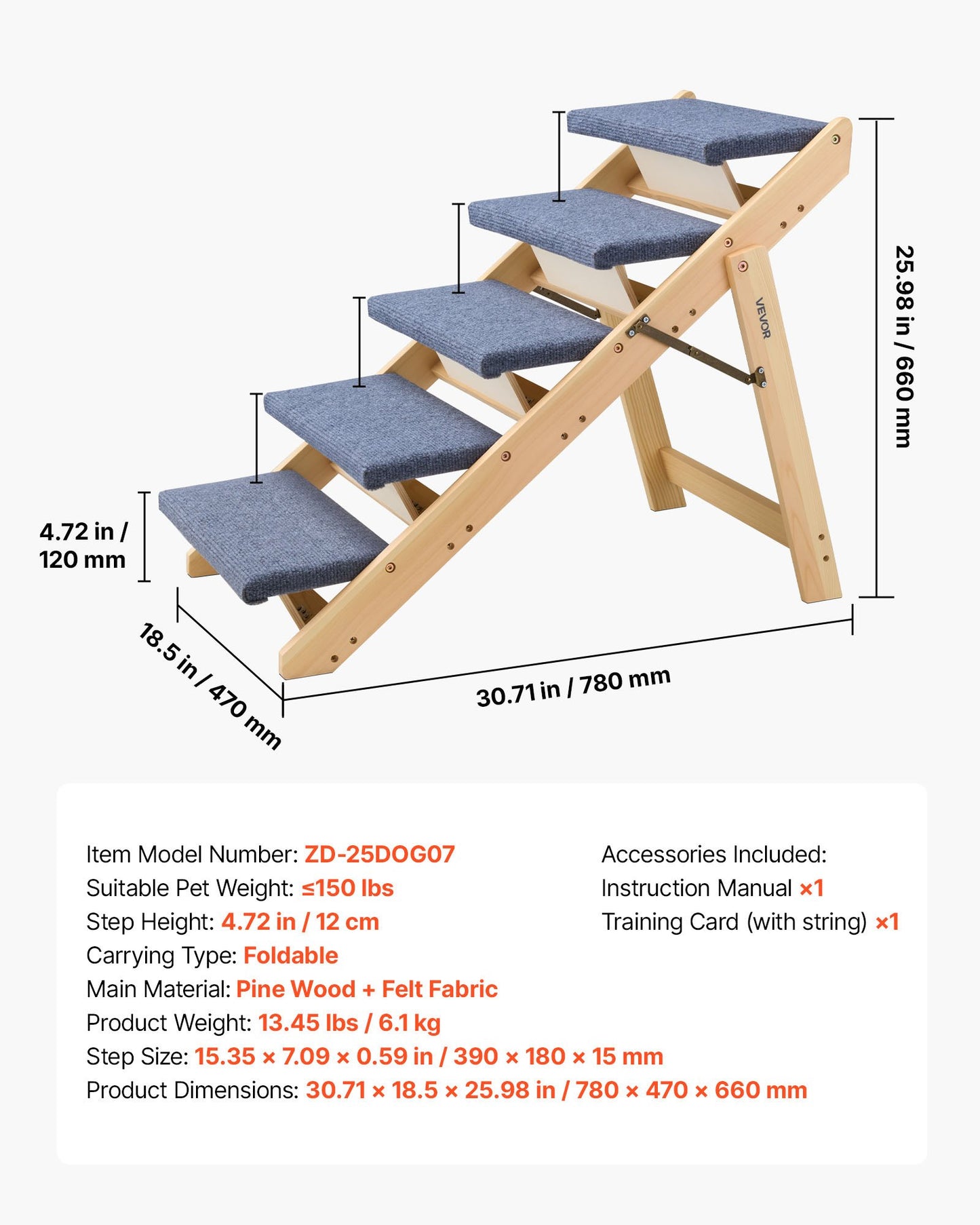 Wood Pet Stairs for Dogs & Cats - 5-Step Foldable Support Ladder, Black