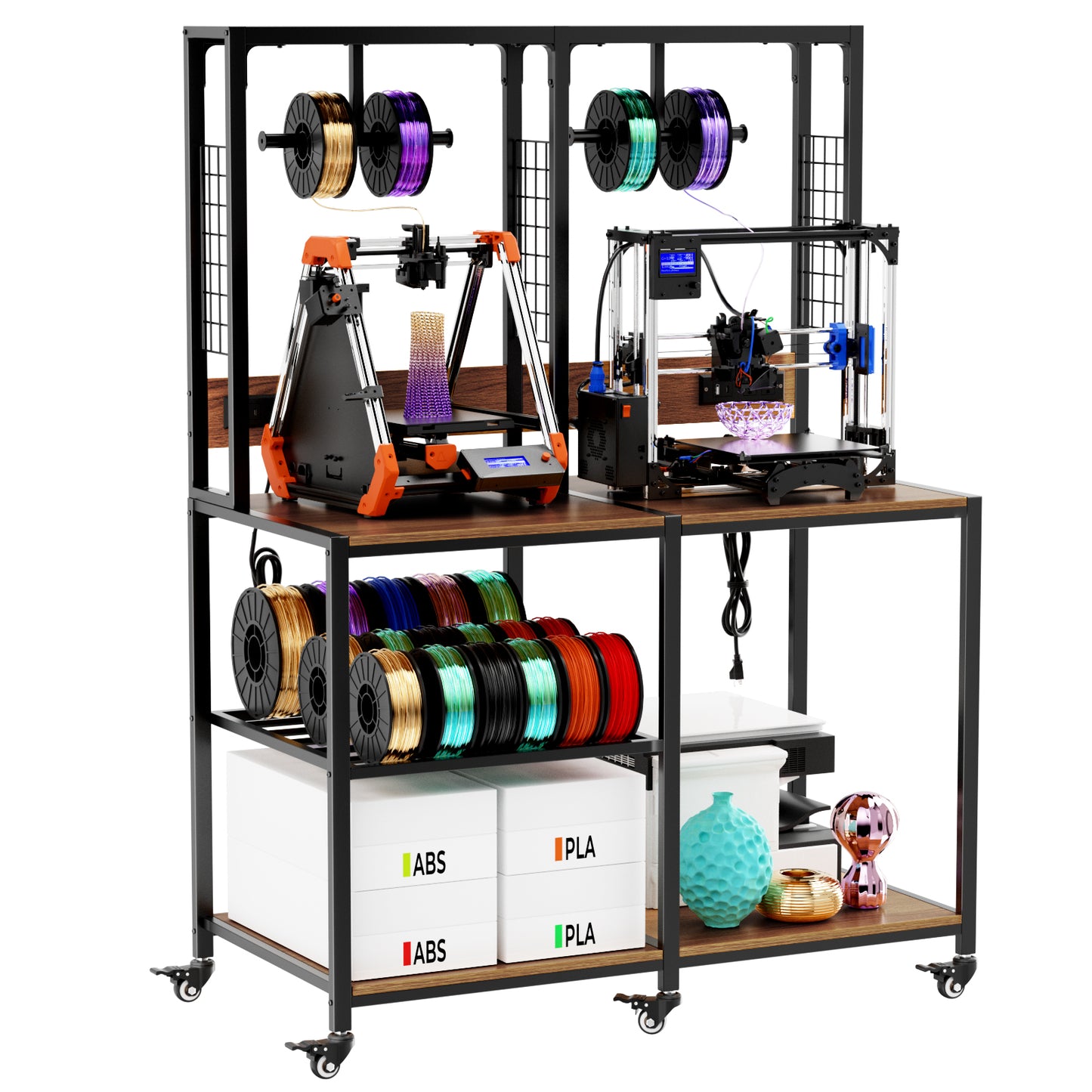 Double 3D Printer Stand with Filament Storage - Heavy-Duty Metal Frame, Lockable Wheels, Mobile or Fixed Use - Black