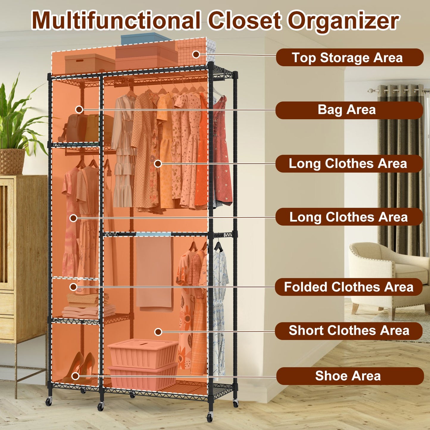 1Pc 4 Tier Heavy Duty Garment Rack With Wheels Carbon Steel Clothing