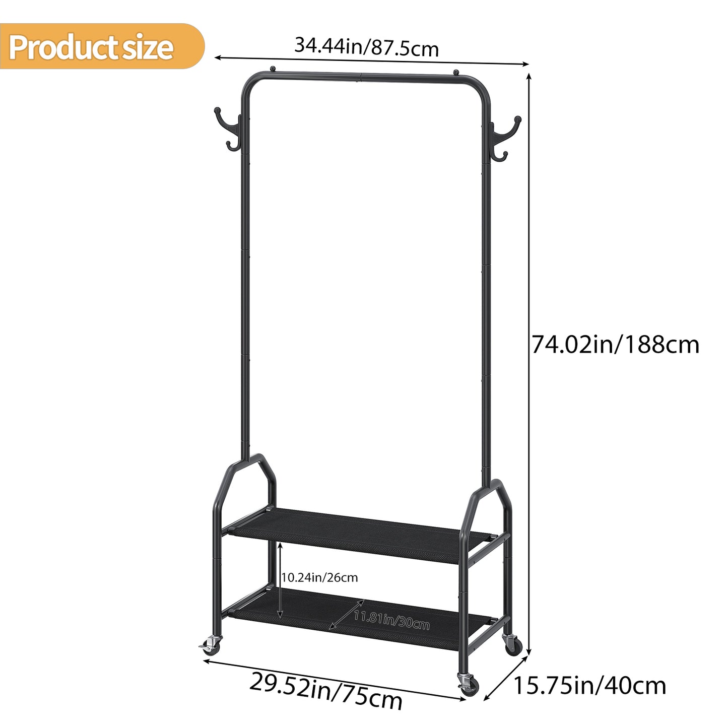 Rolling Clothes Rack with 2 Tier Shelves - Black