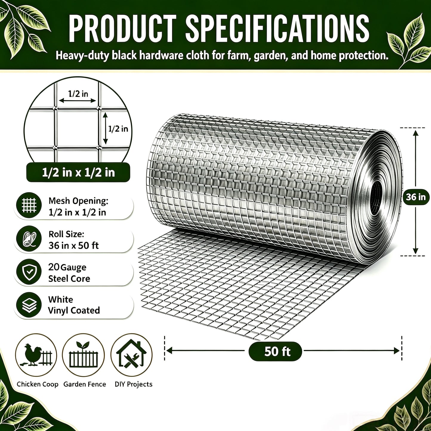 36in x 50ft Silver Welded Chicken Wire Roll for Garden Fencing