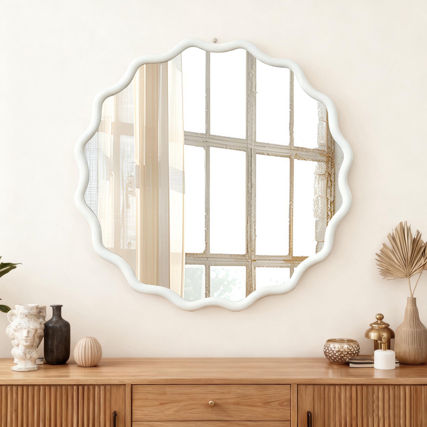 30-Inch White Wavy Round Solid Wood Frame Decorative Mirror