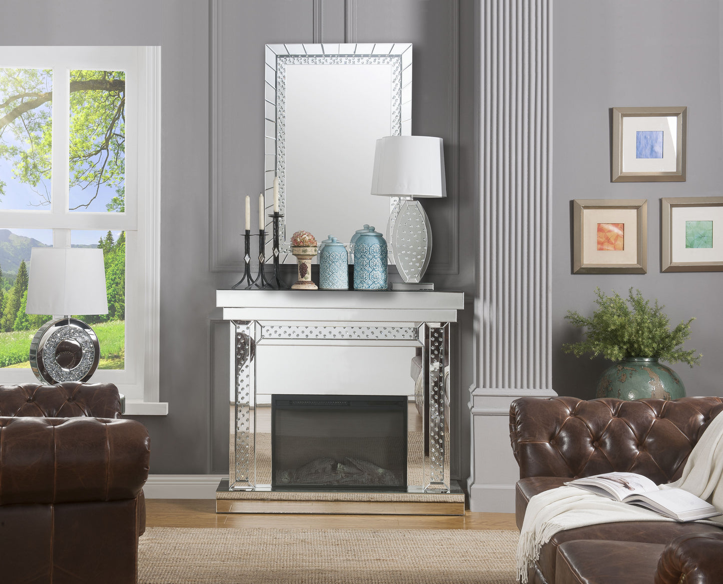 Nysa Silver Mirrored Electric Fireplace with Faux Crystals