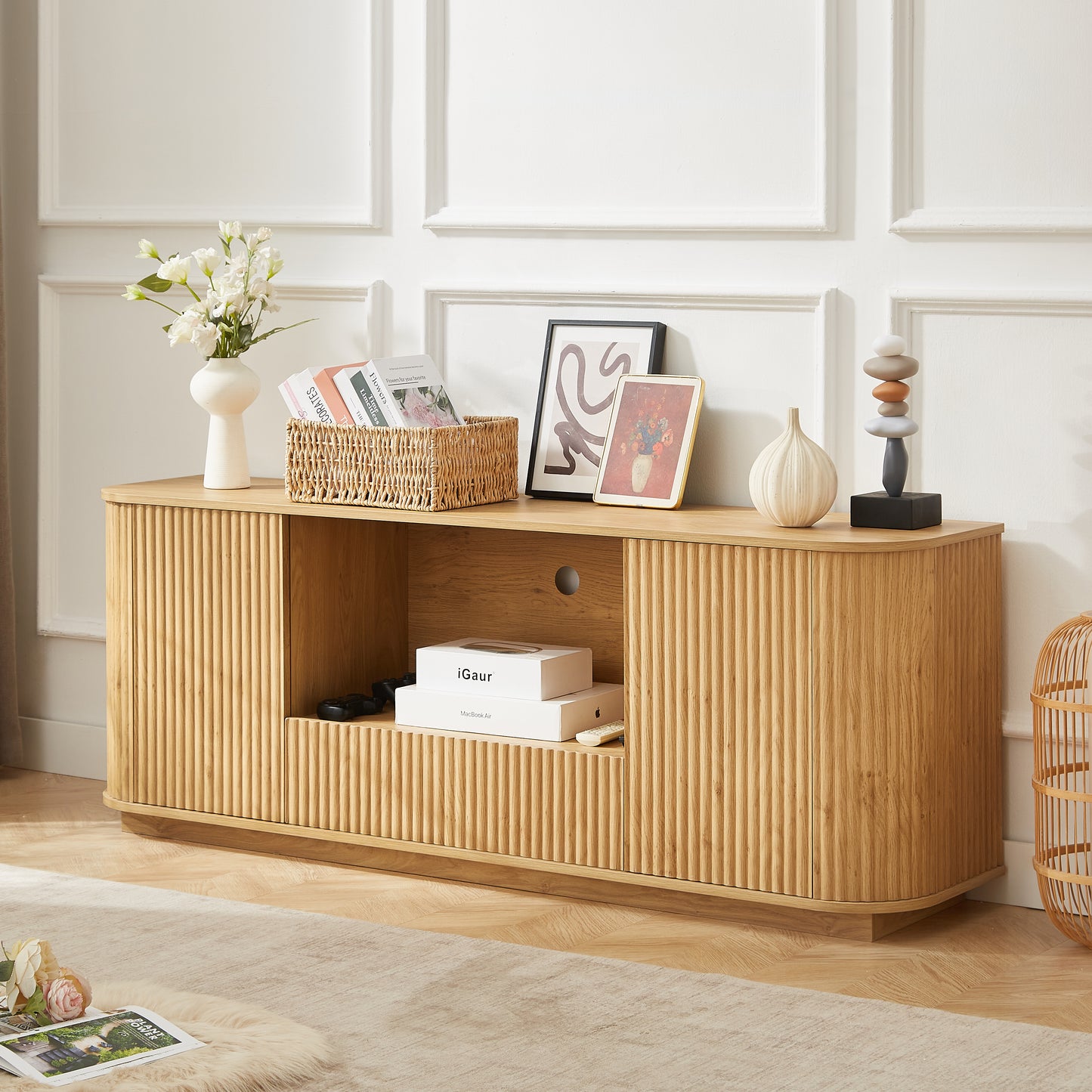 64-Inch Wavy TV Stand - Modern Storage Cabinet in Natural