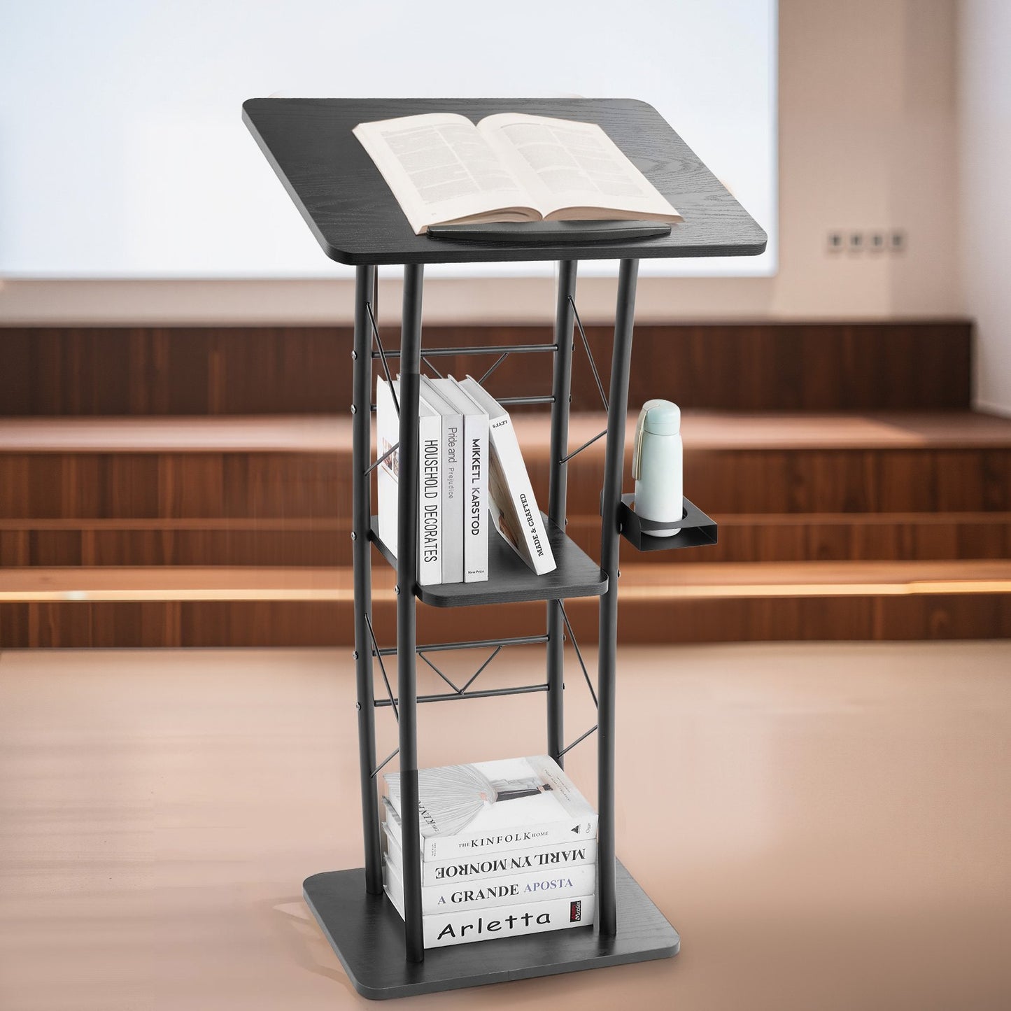 Curved Metal Lectern Podium Stand with Storage Shelf - Black
