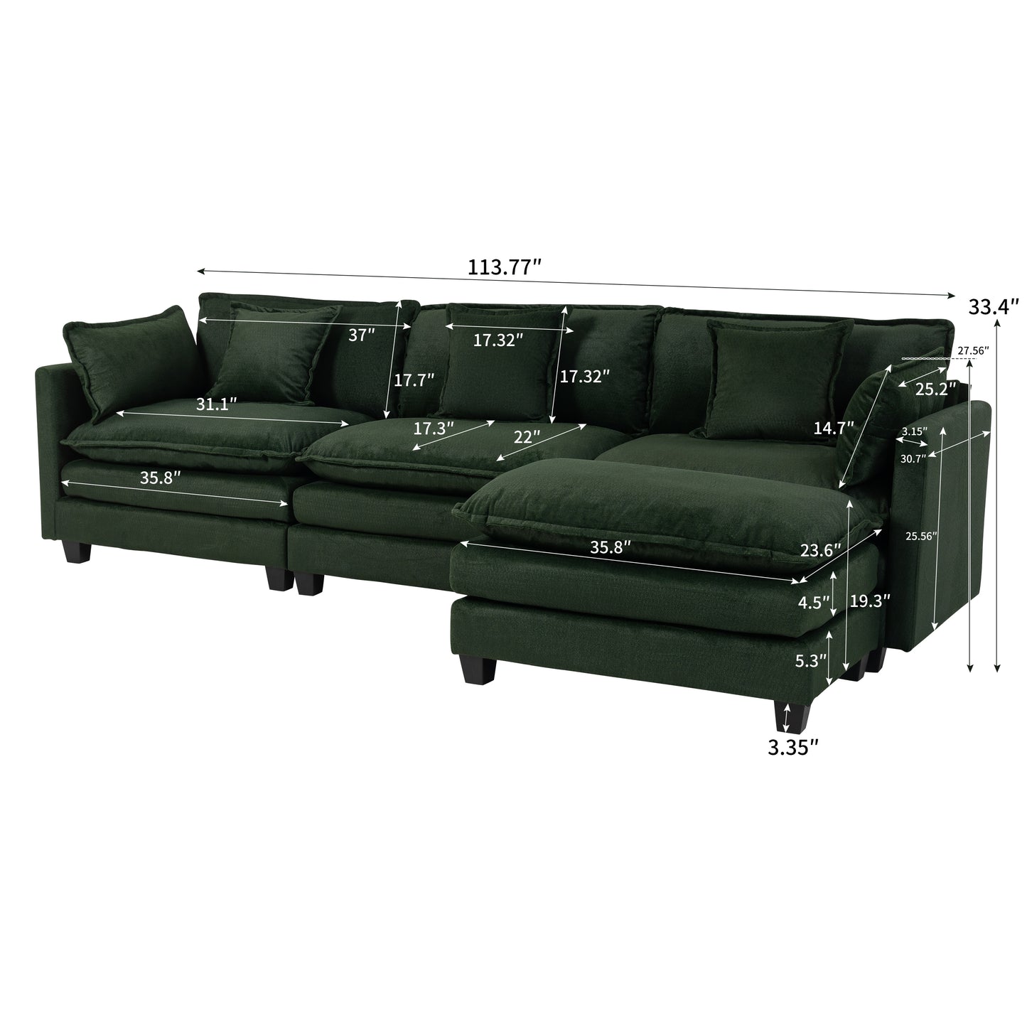Modern 3-Seat Sectional Sofa with Ottoman - Antique Green