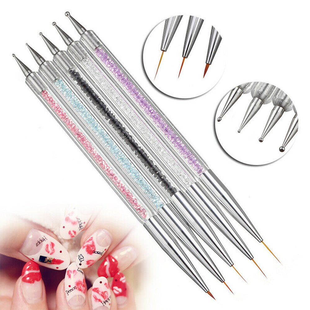 5PCS Nail Art Brush Set with Point Drill and Draw Line Pen - Manicure Tools