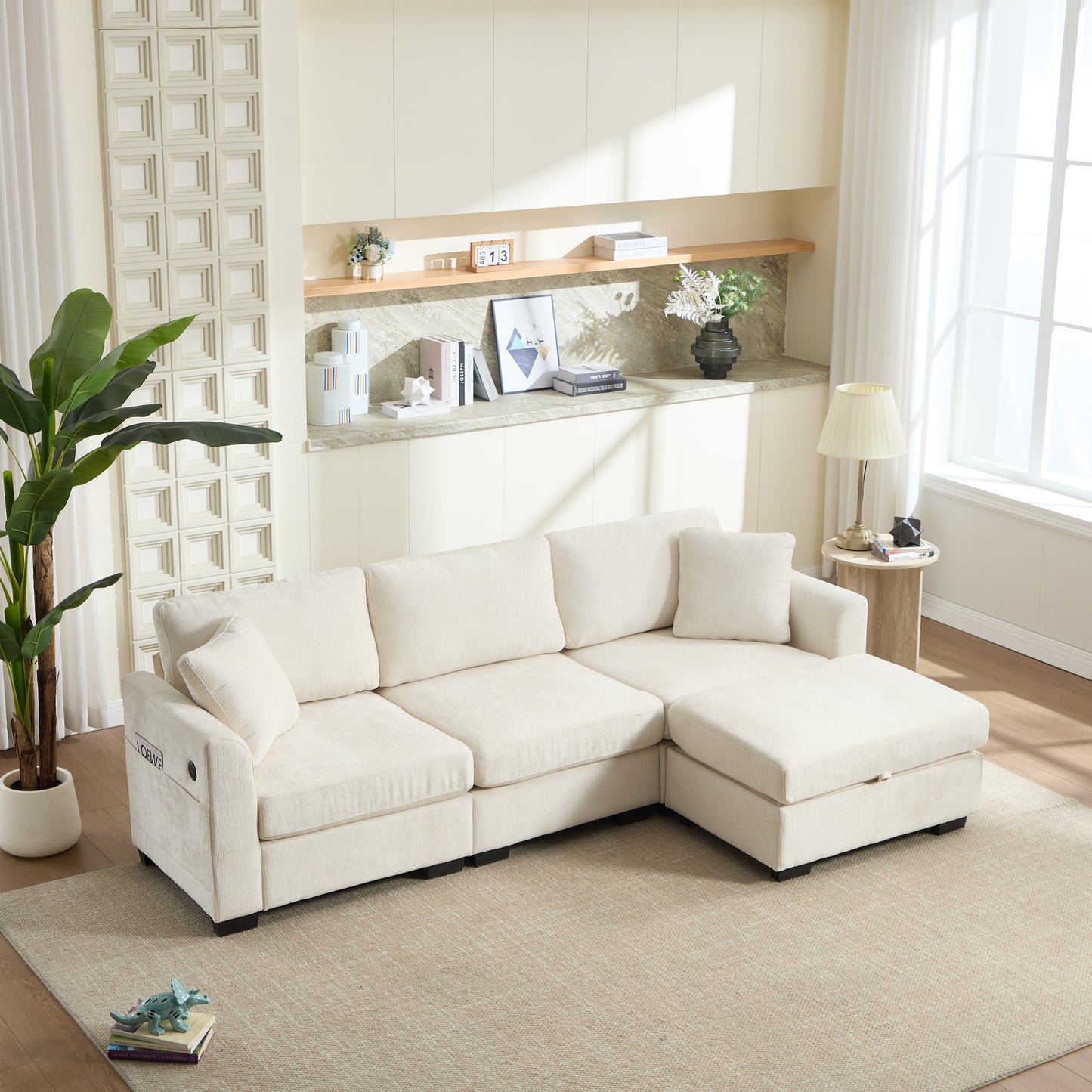Oversized Modern Storage Sofa with USB Ports & Ottoman - Beige