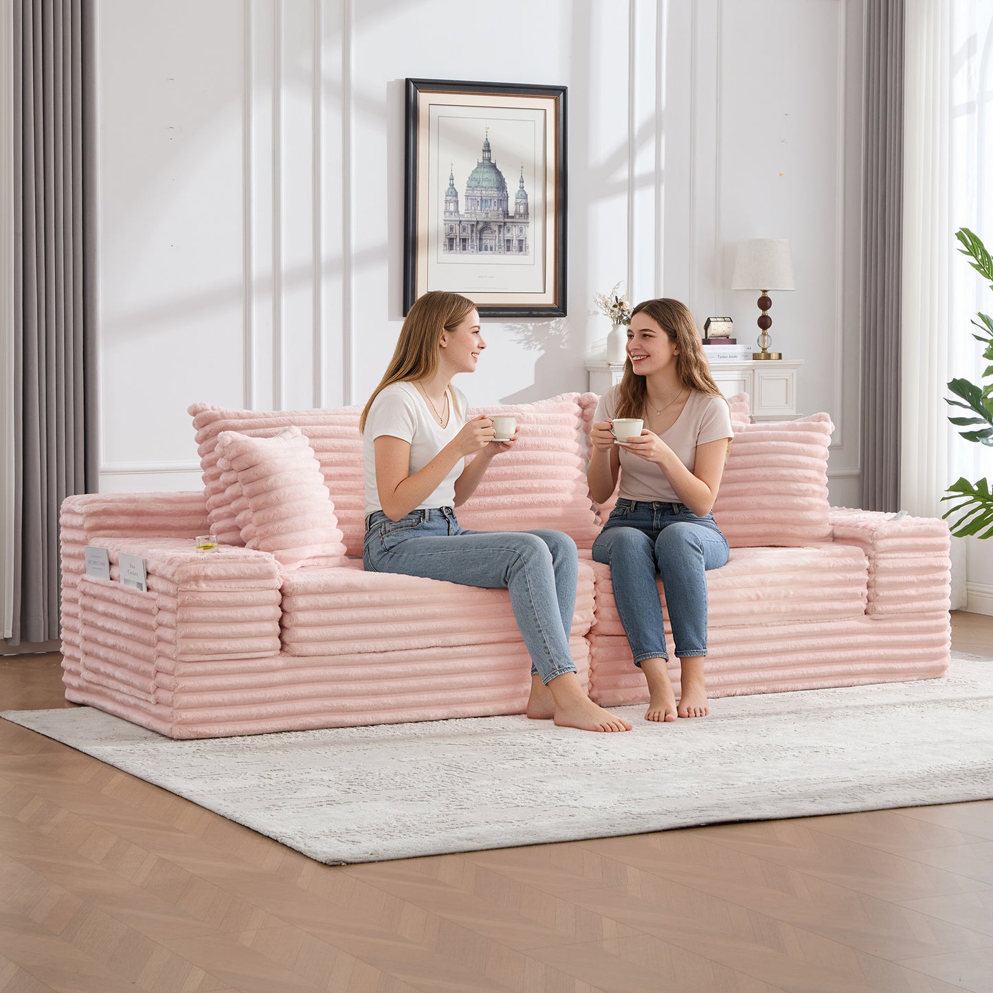 Oversized Four-Seat Sofa Bed with Cup Holder & Pockets - Pink