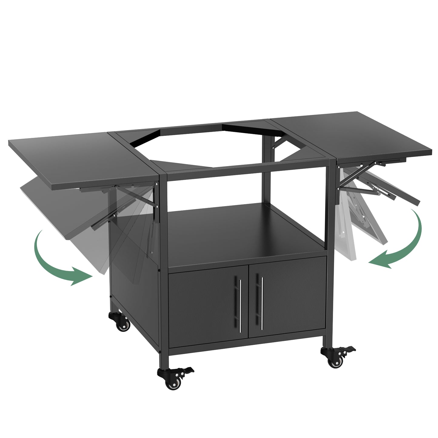 Outdoor Grill Table for Big Green Egg & Kamado Joe - Metal Cart with Folding Panels, Black