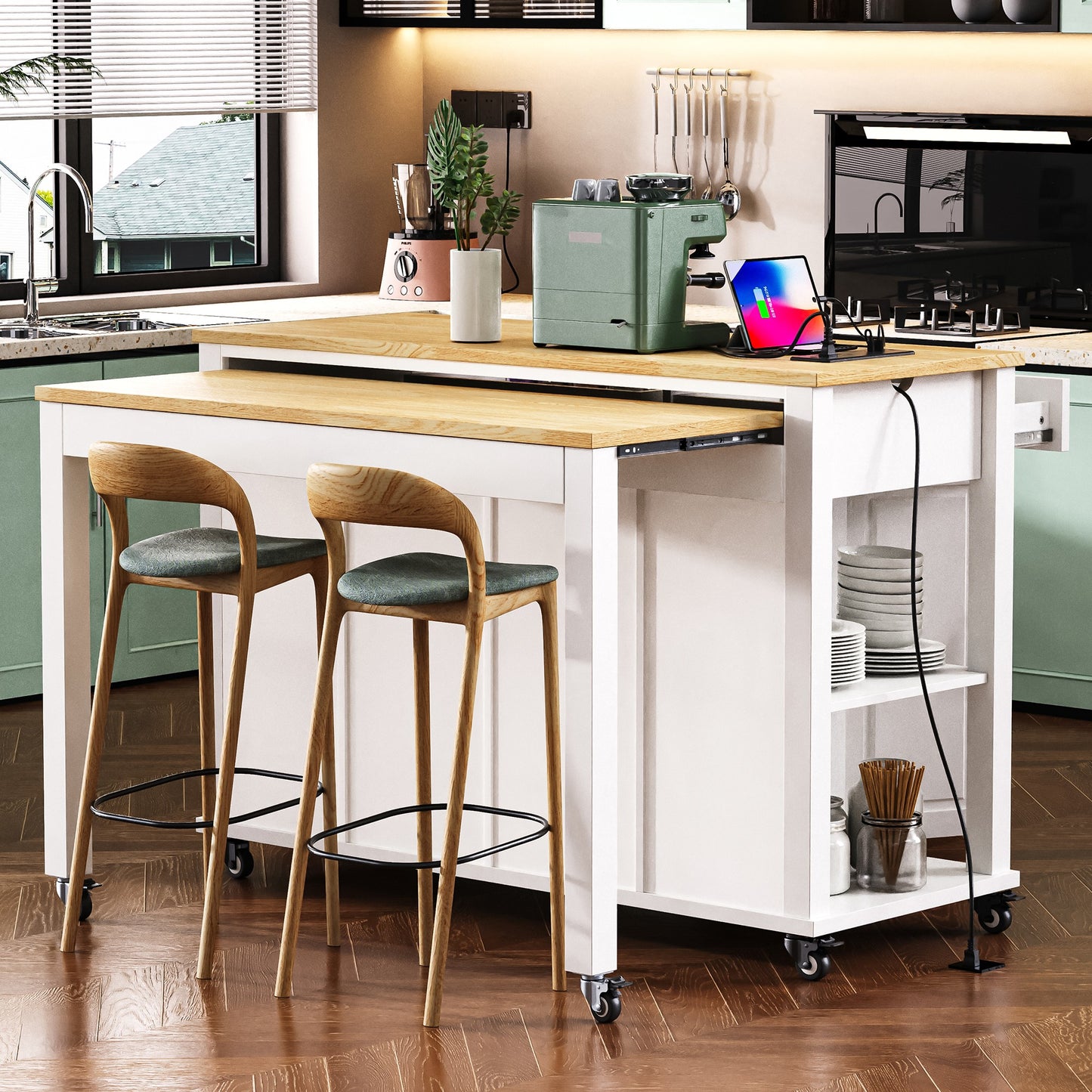 K&K 47 Inch Kitchen Island With Extendable Dining Table, Rubber Wood