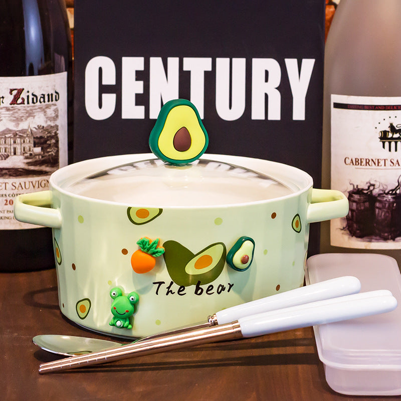 Ceramic Noodle Bowl with Lid and Ears - Strawberry Design, Easy to Clean