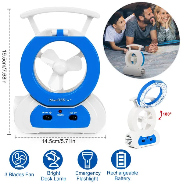 Multi-Functional Desk Fan with 180° LED Lamp & Flashlight - Portable Cooling & Lighting