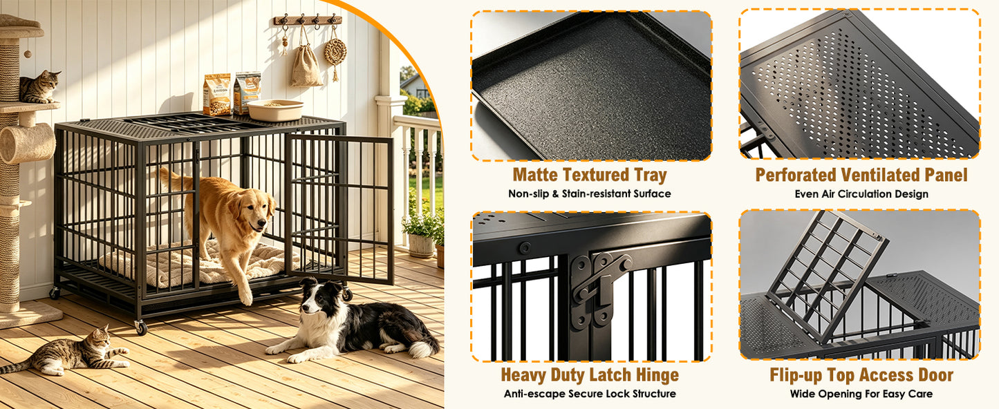 Heavy Duty Dog Crate with Lockable Wheels and Perforated Top, Indoor Outdoor Kennel