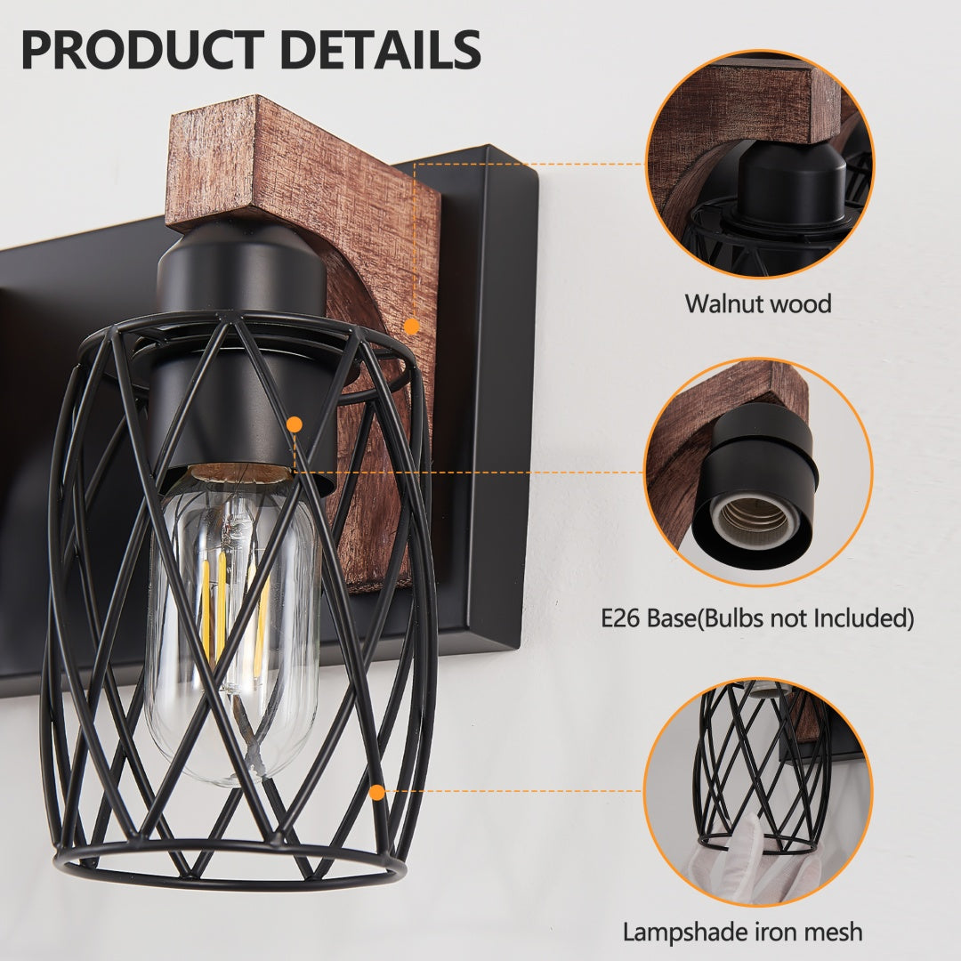Vintage Industrial 5-Light Wall Sconce - Black Metal Cage & Wood