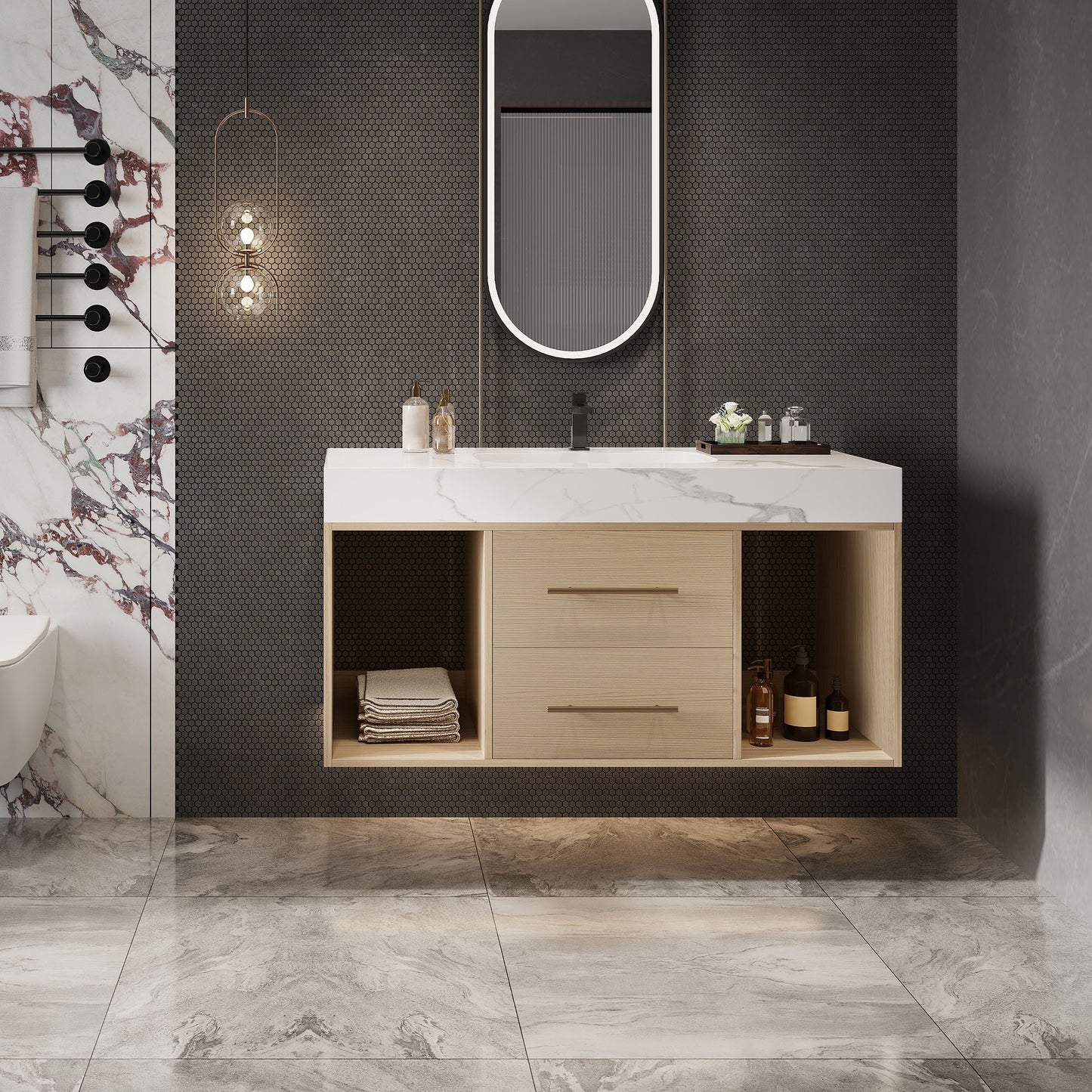39.4" Floating Bathroom Vanity with Ceramic Sink & 2 Drawers